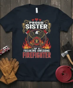 Proud Sister of a Freaking Awesome Firefighter T-Shirt with eagle and Maltese cross graphic