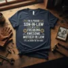 Proud son-in-law t-shirt featuring the quote "I'm a Proud Son-In-Law of a Freaking Awesome Mother-In-Law (Yes, She Bought Me This