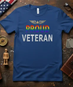 Proud Veteran T-Shirt with rainbow text and wings graphic, for LGBTQ military veterans