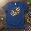 Proud Wife T-Shirt featuring a distressed American flag with a thin red line and the word "Wife" in gold glitter