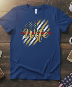 Proud Wife T-Shirt featuring a distressed American flag with a thin red line and the word "Wife" in gold glitter