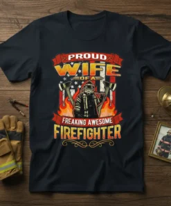 Proud Wife of a Freaking Awesome Firefighter t-shirt design with axes and flames
