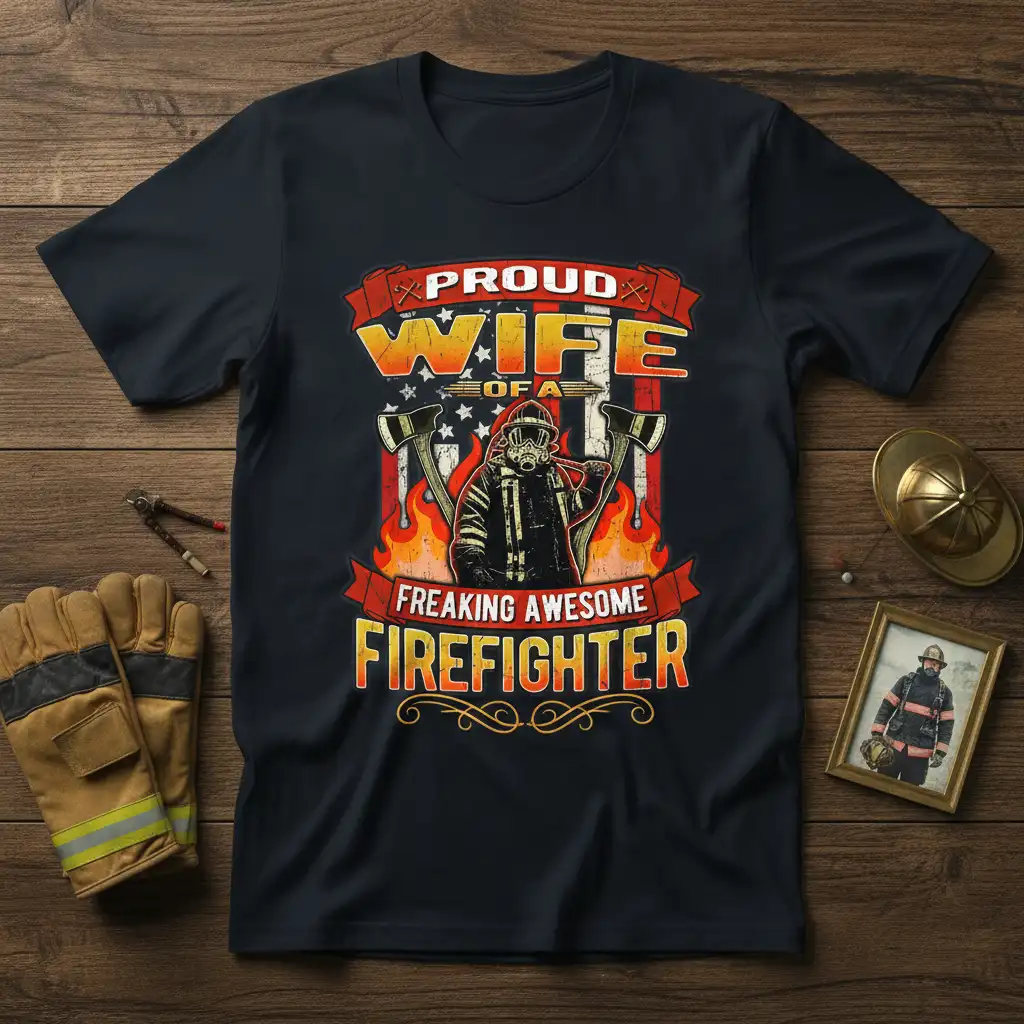 Proud Wife of a Freaking Awesome Firefighter quote with firefighter graphic and flames