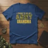 Proud to be an Army Grandma T-Shirt with camouflage text and stars, navy blue shirt