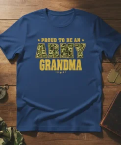 Proud to be an Army Grandma T-Shirt with camouflage text and stars, navy blue shirt