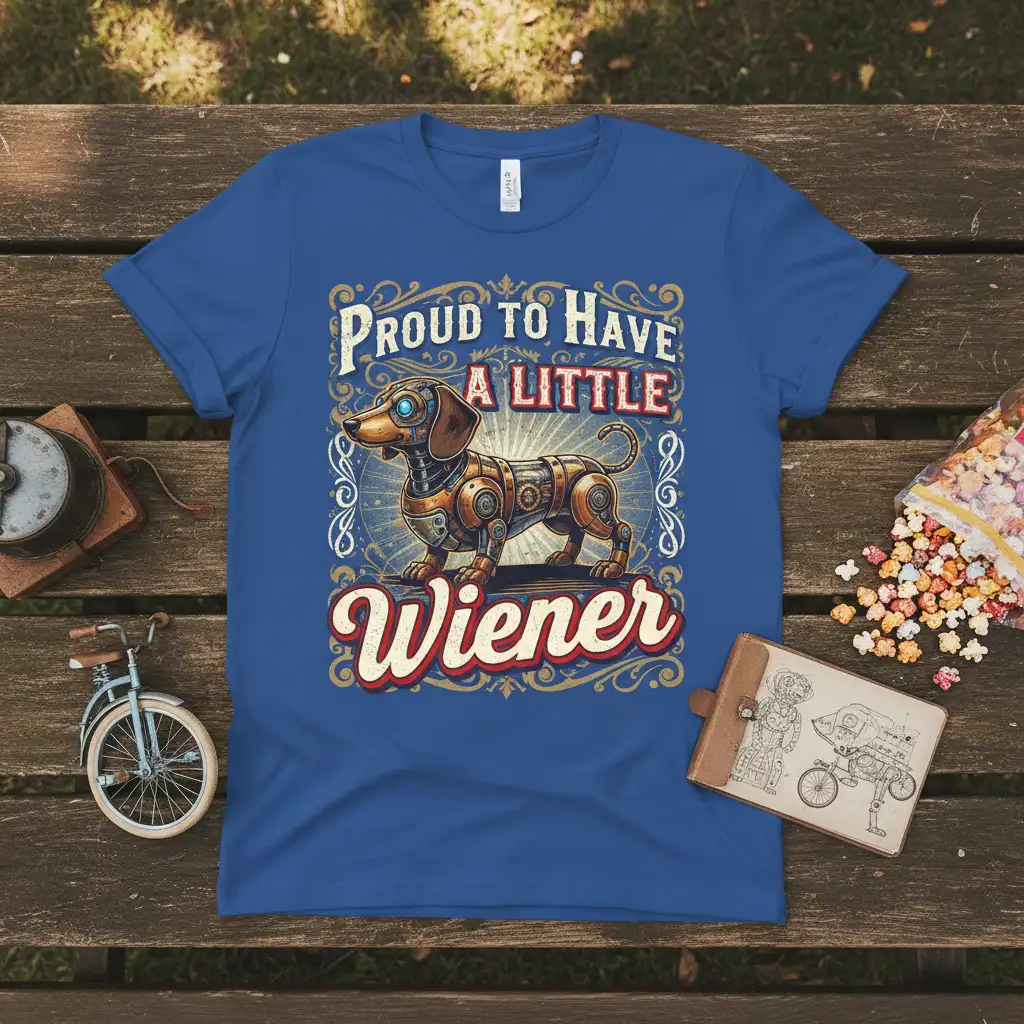Proud to Have a Little Wiener steampunk dachshund graphic on a blue t-shirt