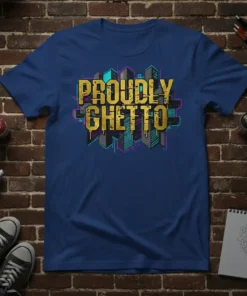 Proudly Ghetto text in gold graffiti style with city skyline graphic on a navy blue t-shirt