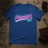 Psssst HOY text in neon pink and blue on a royal blue t-shirt, with retro circuit board graphics
