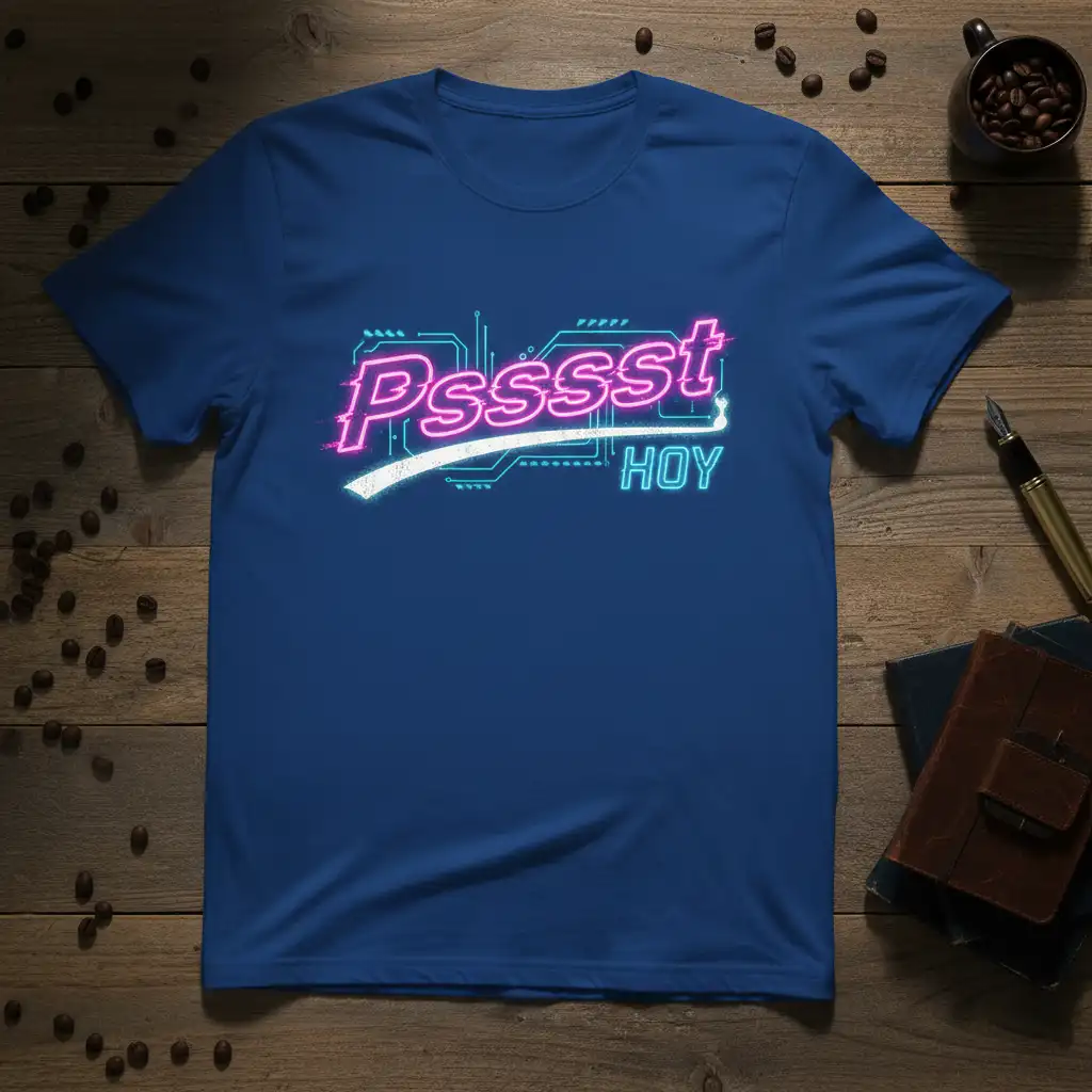 Psssst HOY neon text with circuit board graphic on a blue t-shirt, capturing a retro digital vibe