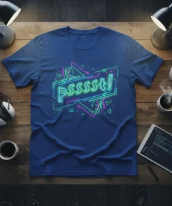 Neon "psssst!" text design on a blue t-shirt, featuring geometric shapes and subtle graphic elements