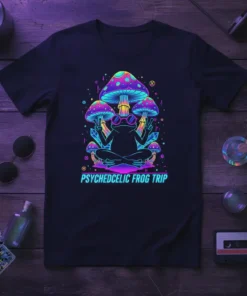 Psychedelic Frog Trip t-shirt design with a meditating frog, colorful mushrooms, and crystals