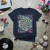 Psychedelic swirl floral design t-shirt with vibrant colors and abstract patterns