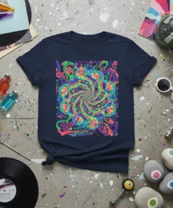 Psychedelic swirl floral design t-shirt with vibrant colors and abstract patterns