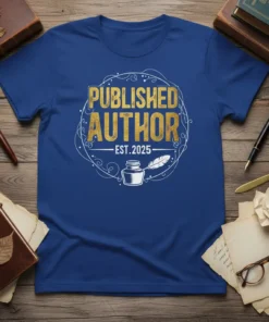 Published Author Est. 2025 t-shirt design with gold glitter text and inkwell graphic