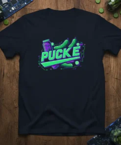 PUCKE text design with three dill pickles and a jar, vibrant green and purple on a navy t-shirt