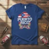 Puerto Rico flag design with bold text and red sneakers on a blue t-shirt, representing island pride