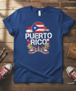 Puerto Rico flag design with bold text and red sneakers on a blue t-shirt, representing island pride