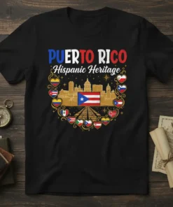 Puerto Rico Hispanic Heritage t-shirt design with flag, skyline, and heart flags