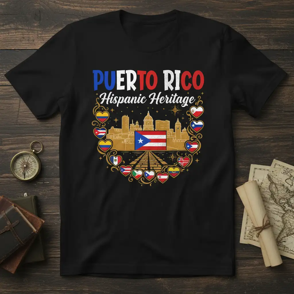 Puerto Rico Hispanic Heritage design with colorful text and iconic island imagery