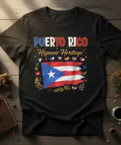 Puerto Rico Hispanic Heritage design featuring the flag and cultural symbols on a black t-shirt