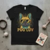 Pug Luv t-shirt design with a cool French Bulldog wearing sunglasses and retro sunburst graphic