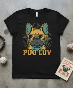 Pug Luv t-shirt design with a cool French Bulldog wearing sunglasses and retro sunburst graphic