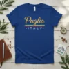 Puglia Italy text design with Italian flag colors on a royal blue t-shirt, perfect for travel souvenirs