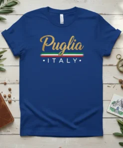 Puglia Italy text design with Italian flag colors on a royal blue t-shirt, perfect for travel souvenirs