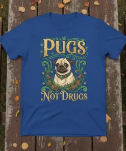 Pugs Not Drugs t-shirt design featuring a cute pug portrait surrounded by ornate floral elements