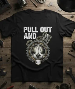 Pull Out And Pray Mechanic T-Shirt with praying hands, piston, and gears graphic