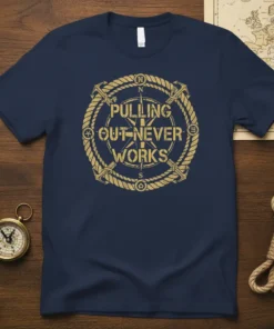 Navy t-shirt with gold "Pulling Out-Never Works" text inside a compass rose and rope circle graphic