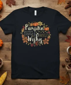 Pumpkin Kisses & Harvest Wishes text design with pumpkins, leaves, and lights on a black t-shirt