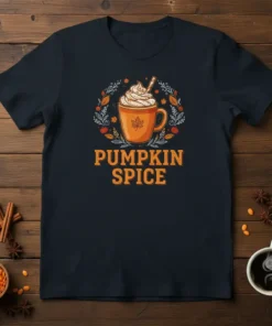 Pumpkin Spice text with a decorative wreath and a mug of whipped cream topped drink, on a navy t-shirt