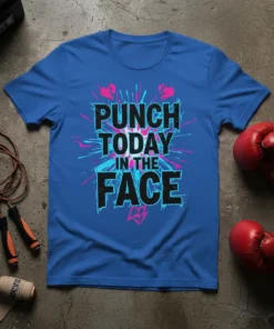 Bold black text "Punch Today In The Face" on a blue t-shirt with pink and turquoise abstract splatters and graphic