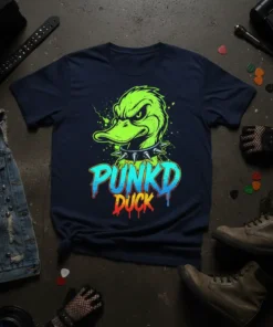 Punk'd Duck graphic t-shirt with a neon green punk duck wearing a spiked collar and dripping text