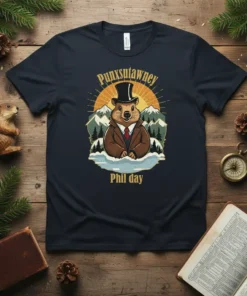 Punxsutawney Phil day t-shirt with a cartoon groundhog wearing a top hat and suit, set against a mountain and sun
