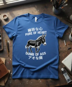 Blue t-shirt with "Pure of Heart Dumb of Ass" text and a donkey graphic. Japanese text also present