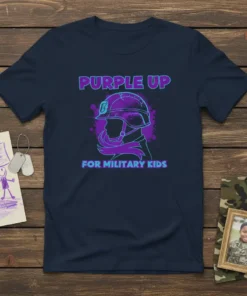 Purple Up For Military Kids t-shirt design featuring a silhouette of a child in a military helmet and purple splatter