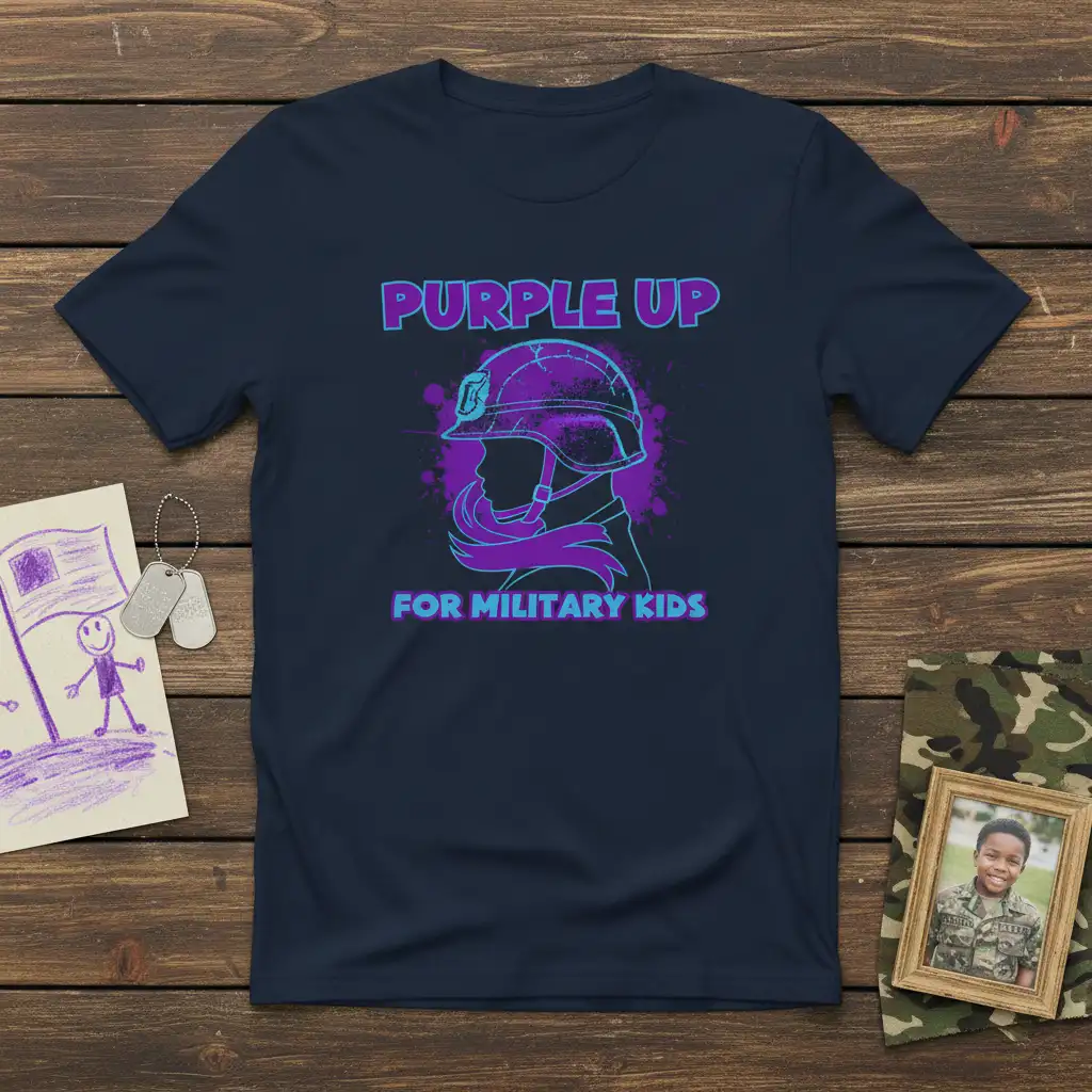Purple Up For Military Kids t-shirt design with silhouette of child in helmet and purple splash graphic