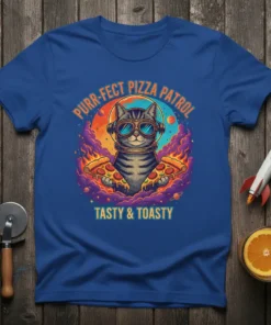 Purr-fect Pizza Patrol Tasty & Toasty t-shirt with a cat astronaut holding pizza slices