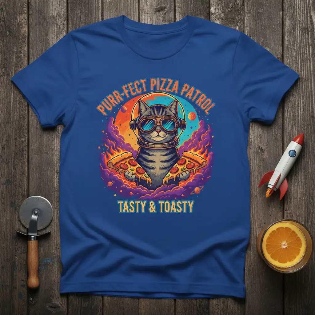 Purr-fect Pizza Patrol Tasty & Toasty cat astronaut design holding pizza slices with cosmic background