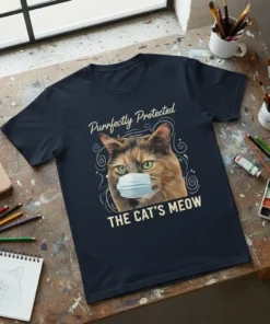 Purrfectly Protected THE CAT'S MEOW t-shirt featuring a calico cat wearing a face mask and playful text