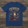 Purrim Mardi Gras cat t-shirt design with ornate gold text and a cat wearing a jester mask and hat