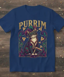 Purrim Mardi Gras cat t-shirt design with ornate gold text and a cat wearing a jester mask and hat