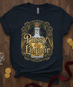 Pussy Liquor design featuring a bottle with paw prints, two black cats with wings, and ornate gold framing on a