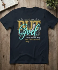Christian t-shirt with the quote "PUT God. There was no way, but GOD made a way." in decorative lettering
