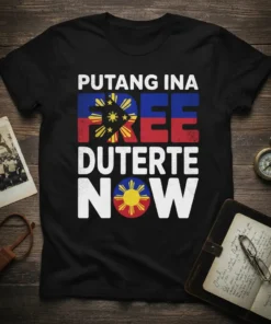 Black t-shirt with "Putang Ina Free Duterte Now" text and Philippine flag graphic