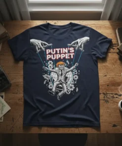 Putin's Puppet T-Shirt design with puppet strings controlling a figure above a globe graphic