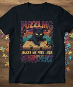 Black cat sitting on a puzzle box with the text "PUZZLING MAKES ME FEEL LESS MURDERY" on a t-shirt