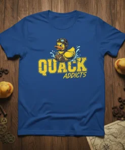 Quack Addicts steampunk duck t-shirt with yellow distressed text and a duck wearing goggles and a steampunk helmet